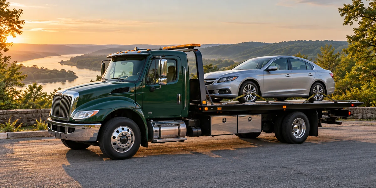 Illustrative flatbed tow truck carrying a sedan